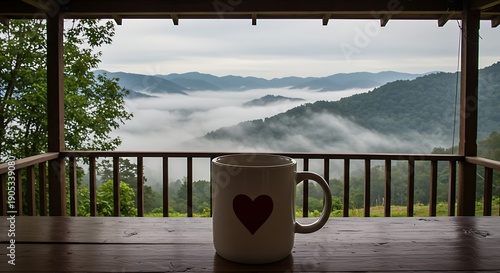 A mug with a heart on a wooden table overlooking foggy mountains from a cabin balcony in the morning
