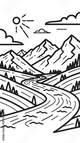 Monochrome mountain landscape with winding road and sun.