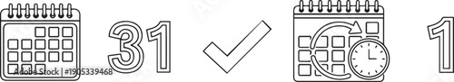 Black and white calendar with clock and numbers checkmark