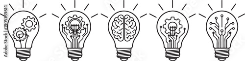 Black and white line of five light bulbs with different mechanisms inside lightbulb lightbulbs ideas