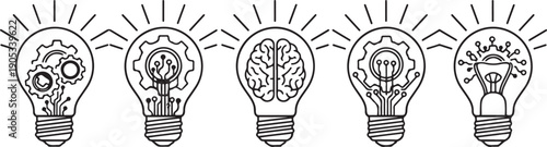 Black and white line of five lightbulbs with different mechanisms inside light bulb idea inspiration
