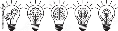 Black and white of five light bulbs with different mechanisms inside lightbulb lightbulbs