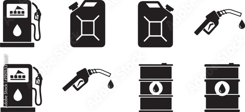 Black and white of gas pumps and oil barrels and nozzles fuel nozzle fuel oil drop petroleum products