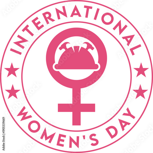 International Women's Day symbol with female gender sign and hard hat, celebrating women in industry.