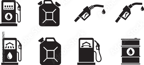 Black and white of gas pumps and fuel containers fuel pump oil can gas can fuel nozzle