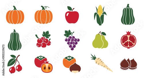 Assorted Fruits and Vegetables Icons Set.