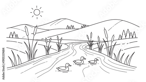 Sunny riverbank scene with ducks, reeds, hills, and distant mountains.