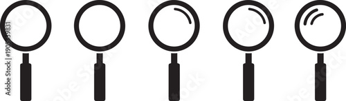 Four black magnifying glasses with different handles and lens details search inspection examination