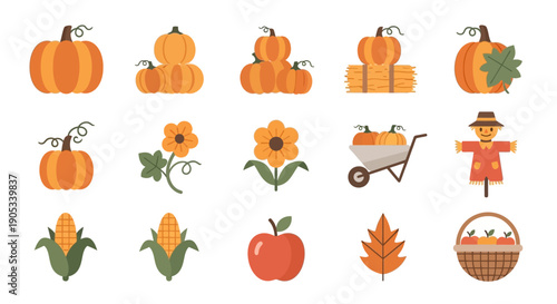 Autumn Harvest Icons Featuring Pumpkins and Leaves.