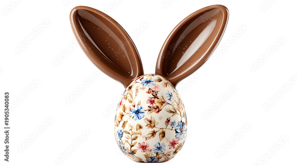 Fototapeta premium Floral Easter Egg with Chocolate Ears isolated on transparent background