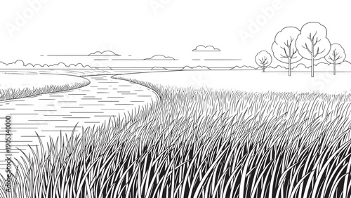Calm grassy marshland landscape with distant water and trees on the horizon.