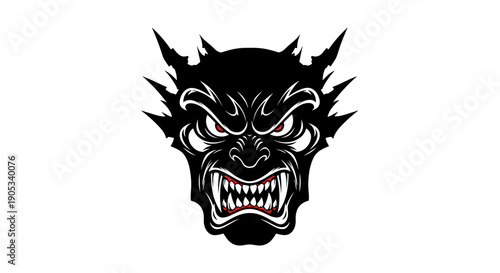 Fierce Black Demon Face with Sharp Teeth and Spiky Hair.