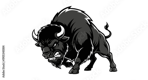 Fierce Black Buffalo Charging Forward Aggressively.