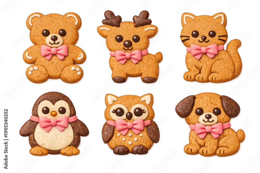 Fototapeta premium Gingerbread animal cookies with pink bows, creating cute festive holiday treats, transparent background