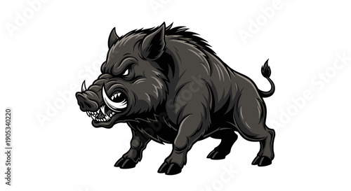 Fierce Black Wild Boar Illustration with Sharp Tusks.