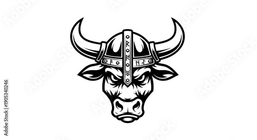 Fierce Bull Head Wearing Viking Helmet Illustration.