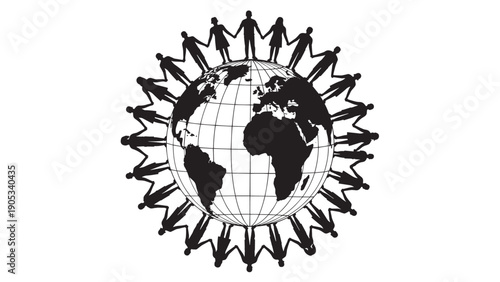 Silhouetted people holding hands around a globe symbolizing global unity and cooperation.