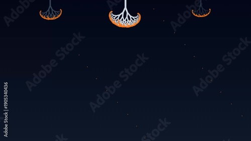 Glowing Orange Particles Descending from Abstract White and Grey Branching Forms