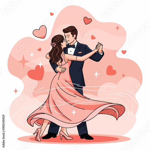 A romantic couple dancing gracefully, surrounded by hearts and decorative elements.