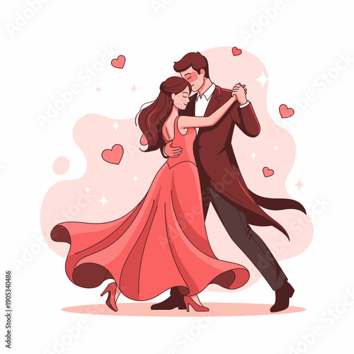 A romantic couple dancing gracefully with hearts floating around them, illustrating love and elegance.