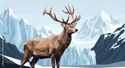 A polygonal deer stands majestically in a snowy mountain landscape with icy peaks under a clear sky.