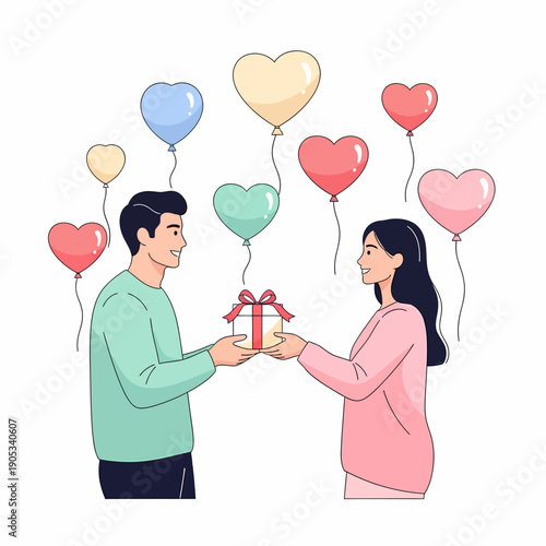 A couple exchanging a gift with heart balloons floating around them, celebrating love.