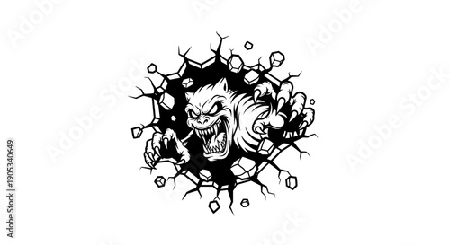 Fierce Monster Emerging Through Cracked Wall Illustration.