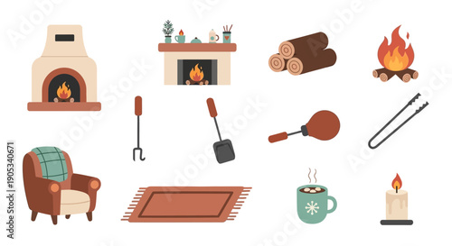 Camping Essentials Fireplace Tools Furniture Icons.