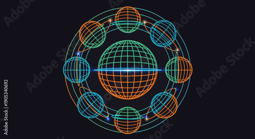 Abstract Digital Globe Network with Orbiting Planets and Connections
