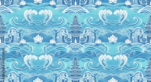 Seamless Pattern of Sacred Balinese Temples, Lotus Flowers, and Stylized Ocean Waves