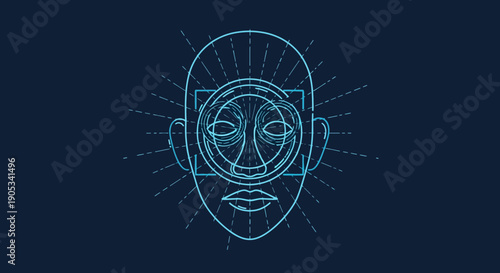 Abstract futuristic human face outline with geometric shapes and radiating lines