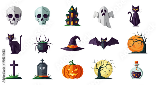 Halloween Icons Featuring Skulls and Pumpkins.