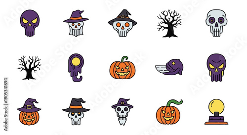 Halloween Icons Set with Pumpkins and Skulls.