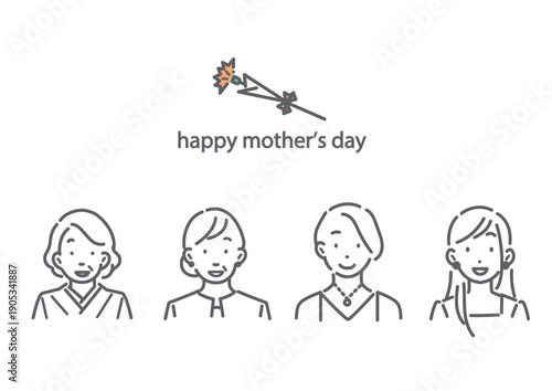 いろいろな世代のお母さん　母の日　シンプルでお洒落な線画イラスト