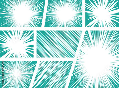 Obraz na plátně Teal comic book panels with dynamic speed line backgrounds, creating a sense of energy and motion