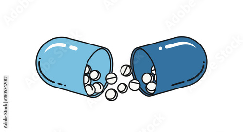 Two open pill capsules with spilled medication on white surface viewed from the side