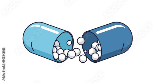 Medical capsules spilling pills on a plain background from a top viewpoint