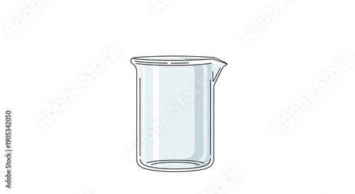 A clear glass beaker with a pouring spout is illustrated on a simple background from a frontal viewpoint