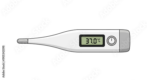 Digital thermometer displaying normal body temperature in a medical setting viewed from the front