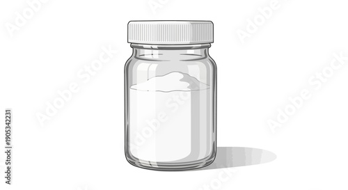 Clear glass jar with white pills and silver lid on white surface from a front viewpoint
