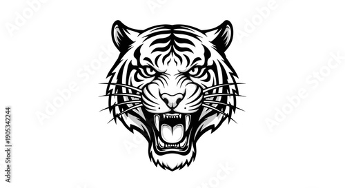 Fierce Tiger Head Illustration with Roaring Mouth Open.