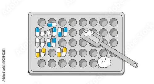 Pill tray filled with various capsules and a mortar crushing medication