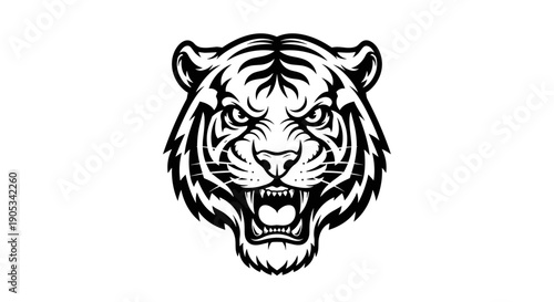 Fierce Tiger Head Roaring Aggressively Black and White.