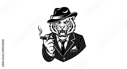 Fierce Tiger Wearing a Suit and Hat Smoking a Cigar.