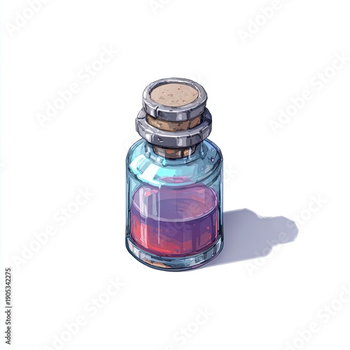 Isometric, transparent glass bottle with cork containing a vibrant, red-purple liquid
