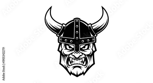 Fierce Viking Warrior Head with Horned Helmet Illustration.