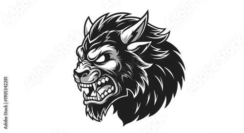 Fierce Werewolf Head Illustration Black and White.