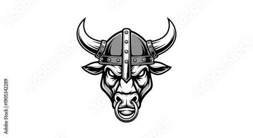 Fierce Viking Bull Head Emblem with Horns and Helmet.