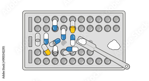 Medication and pills arranged on a blister pack with tweezers, viewed from directly above in a clinical setting