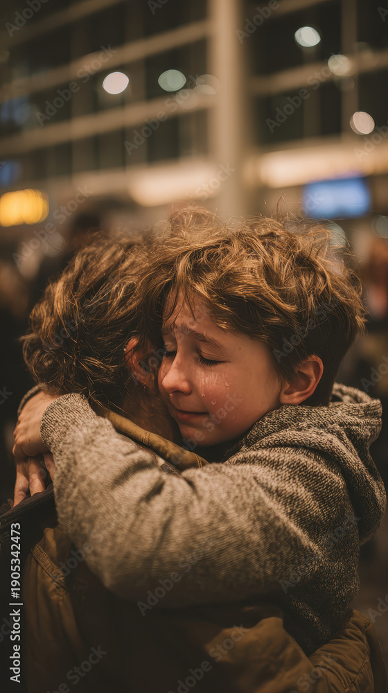 Obraz premium Young boy crying while hugging an adult tightly in a crowded indoor space with blurred lights and windows in the background emotional farewell or reunion moment